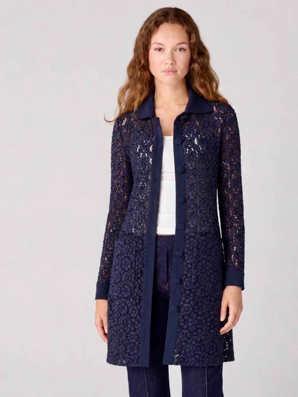 Judith & Charles Navy Blue Lace Long Sleeve Shirt Dress size 4 - Picture 4 of 16